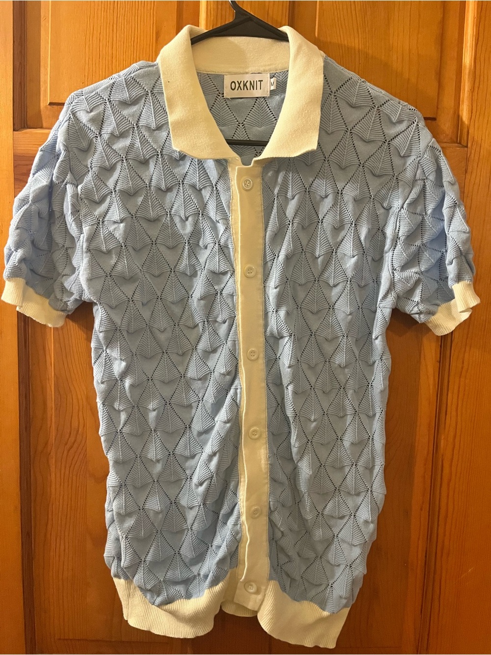 OXKNIT Mens Geometric Cotton Knit Polo Shirt Blue White Short Sleeve M Retro Mod